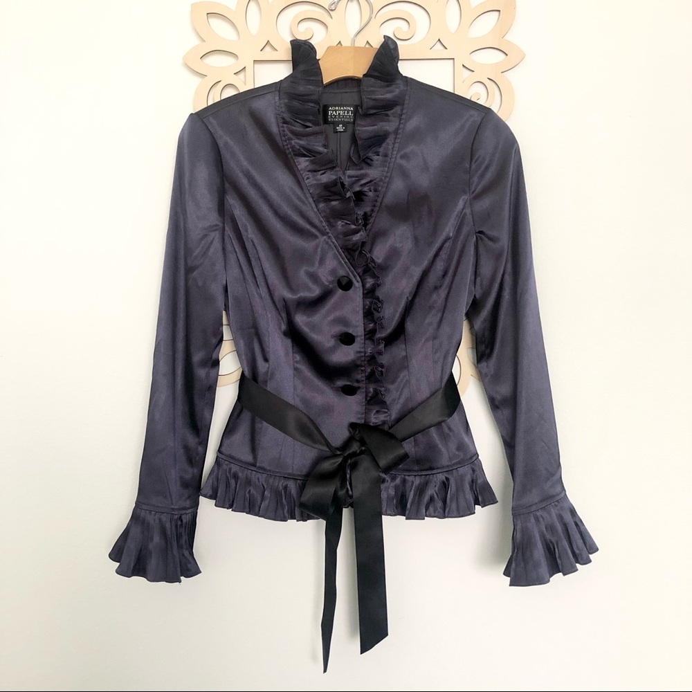 {Adrianna Papell} Ruffled Dark Blue Jacket with Jeweled Buttons
